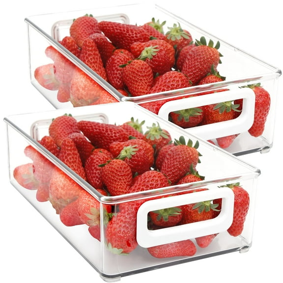 Youngever 2 Pack Stackable Plastic Storage Organizer Container Bin, Stackable Storage Bins with Handler for Refrigerator, Pantry (10" x 6" x 3")