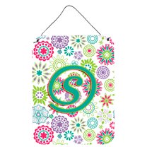Letter S Flowers Pink Teal Green Initial Wall or Door Hanging Prints