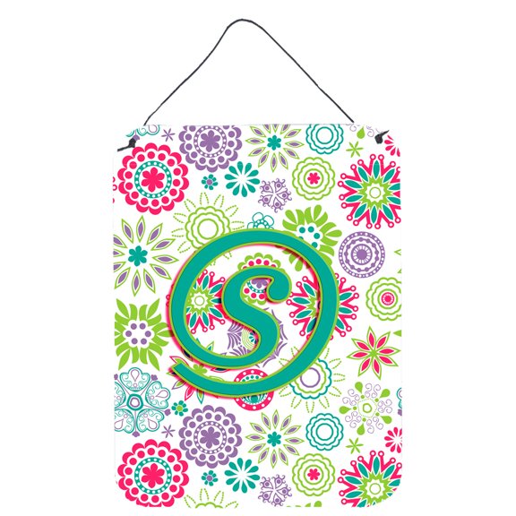 Letter S Flowers Pink Teal Green Initial Wall or Door Hanging Prints