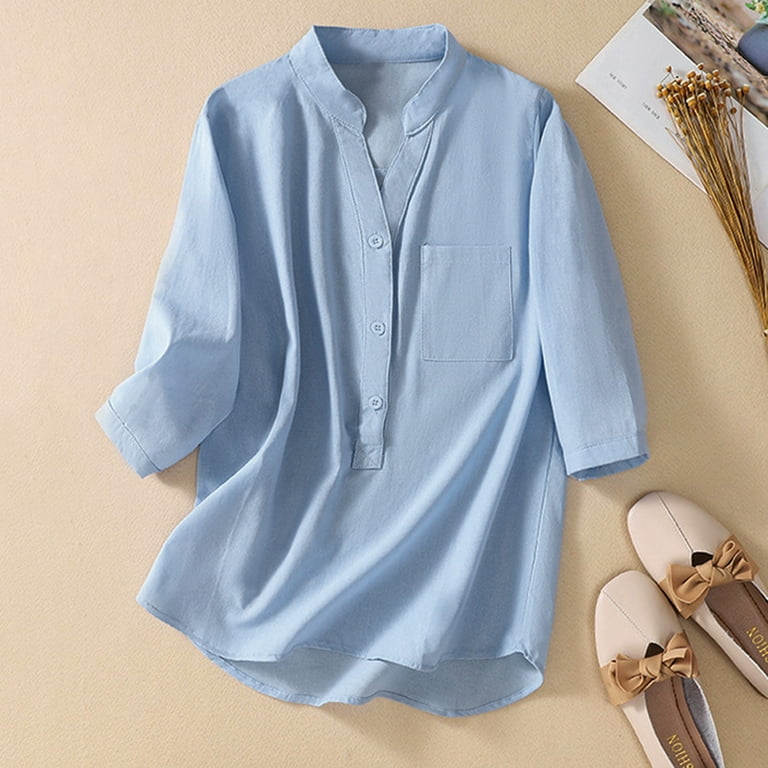 Jerdar Fall Tops Blouse Savings Clearance! Women V-Neck Solid Color Open  Tube Button Fashion Casual Retro 3/4 Sleeve T-Shirt Tops Blouse Sky Blue M  