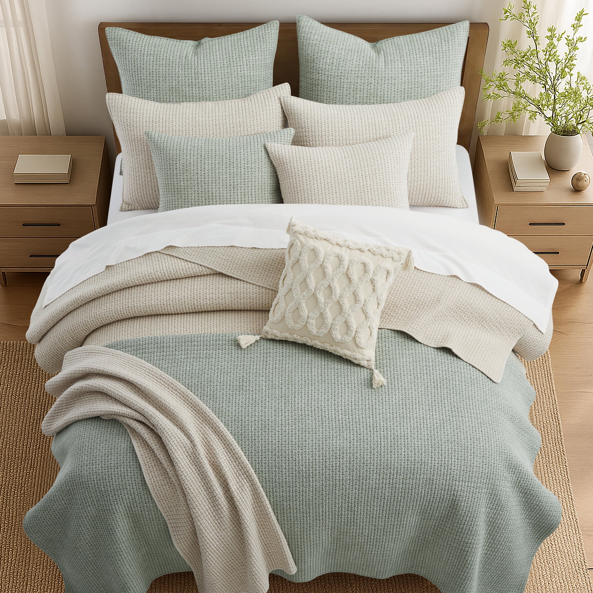 Levtex Home - Pick-Stitch Artisan Sage Quilt Set - Full/Queen Quilt (88x92in) and 2 Standard Shams - Textured - Reversible - Cotton