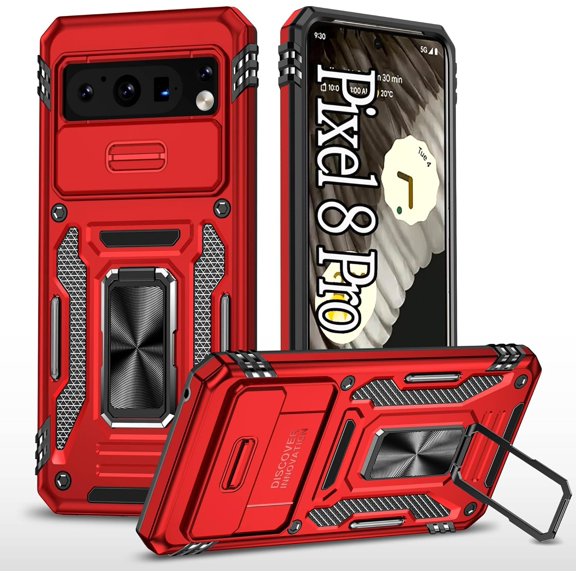 KOMI Designed for Google Pixel 8 Pro Case,with Camera Cover and Ring Stand, [Military Grade Shockproof Phone Case] for Pixel 8 Pro Case, Red