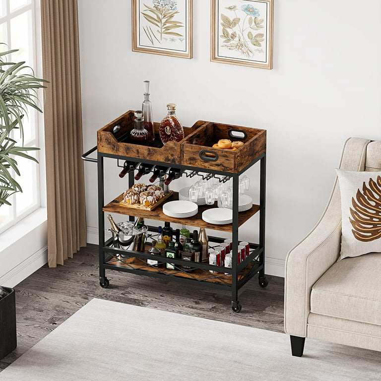 Litake Bar Cart, 3 Tier Bar Carts for The Home, Rustic Brown Bar Cart with  Wheels, Two Portable Trays, Wine Rack, Glasses Holder, Industrial Serving  Cart for Kichen, Living Room, Dining Room 