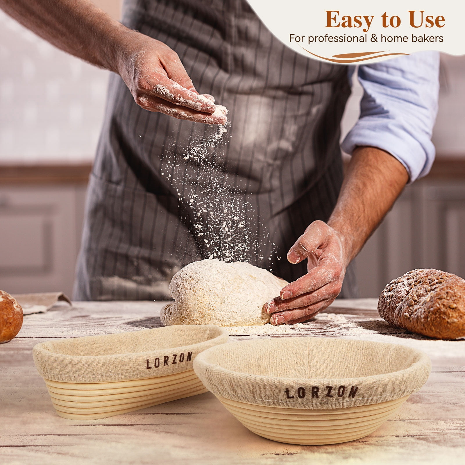 Lorzon Banneton Bread Proofing Baskets Set of 2, 10" Round & 11" Oval Sourdough Proofing Baskets with Sourdough Bread Baking Supplies, Bread Making Kit