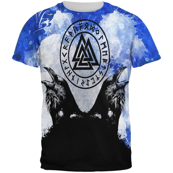 Huginn and Muninn Odin's Ravens Blue Splatter All Over Mens T Shirt Multi LG