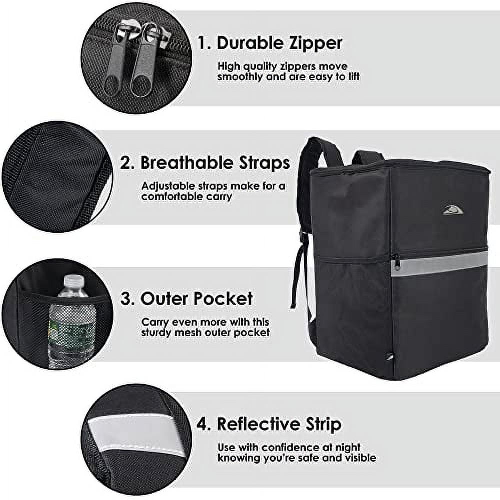 Insulated Food Delivery 3 Pocket Backpack with Drink Cup Holders and Reflector for Deliveries, Groceries, DoorDash, Uber Eats and GrubHub (Black with Silver Reflector)