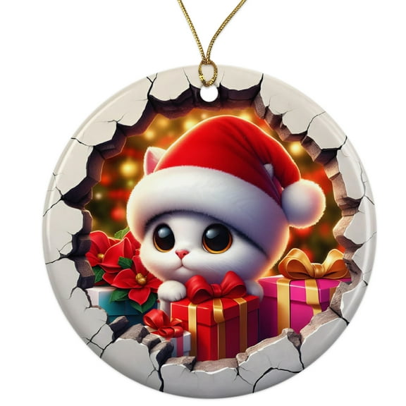 Cute Adorable Kitten Cat In Santa Hat Ceramic Ornament - Breakthrough 3D Effect Burst Illusion Kids Ornament - 3 Inch Christmas Tree Round Ornament - Xmas Holiday Decor - String Included - ORNW0107