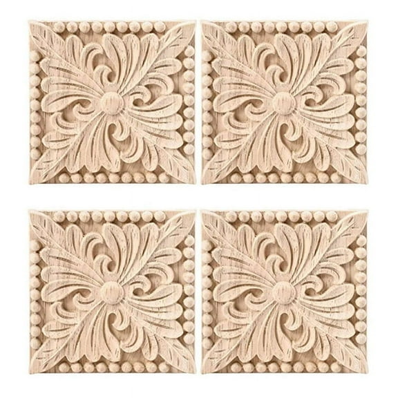 8 Pack Wood Carved Applique Onlay Square Carving Decal Unpainted Flower Door Cabinet Furniture Decoration 3.94X3.94Inch