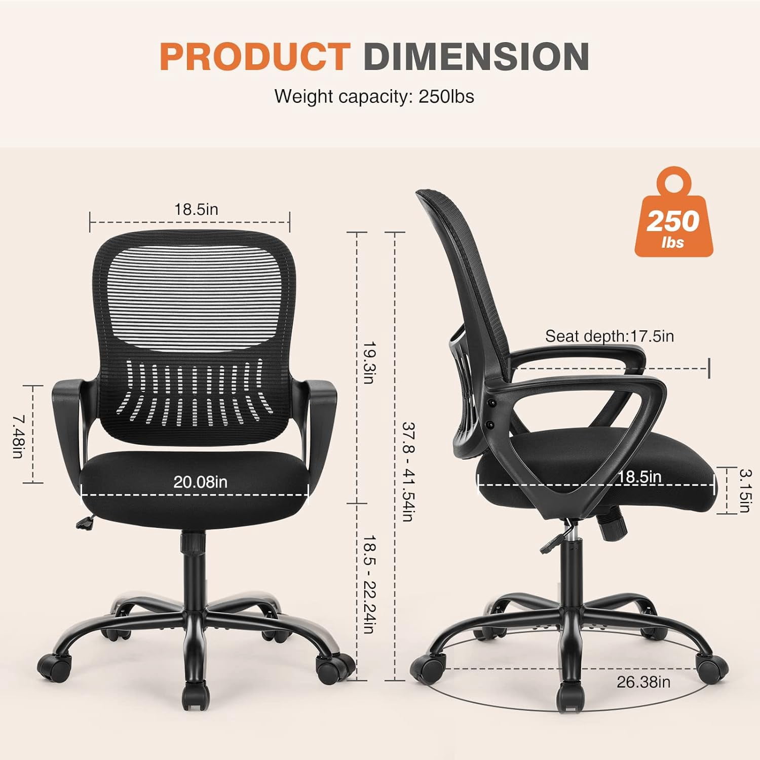 Atilioo Ergonomic Office Chair, Comfy Desk Chair with Adjustable Height & Lumbar Support, Mesh Swivel Rolling Computer Chair with Armrests for Adults, Black