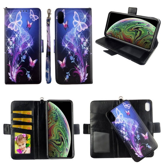 Galaxy Butterfly Case for iPhone XS Max Magnetic Detachable Pu Leather Wallet Cover with Flap Closure and Snap-on Book Style Cases with Card Holders Wrist Strap 2 in 1 Folio Flip Covers