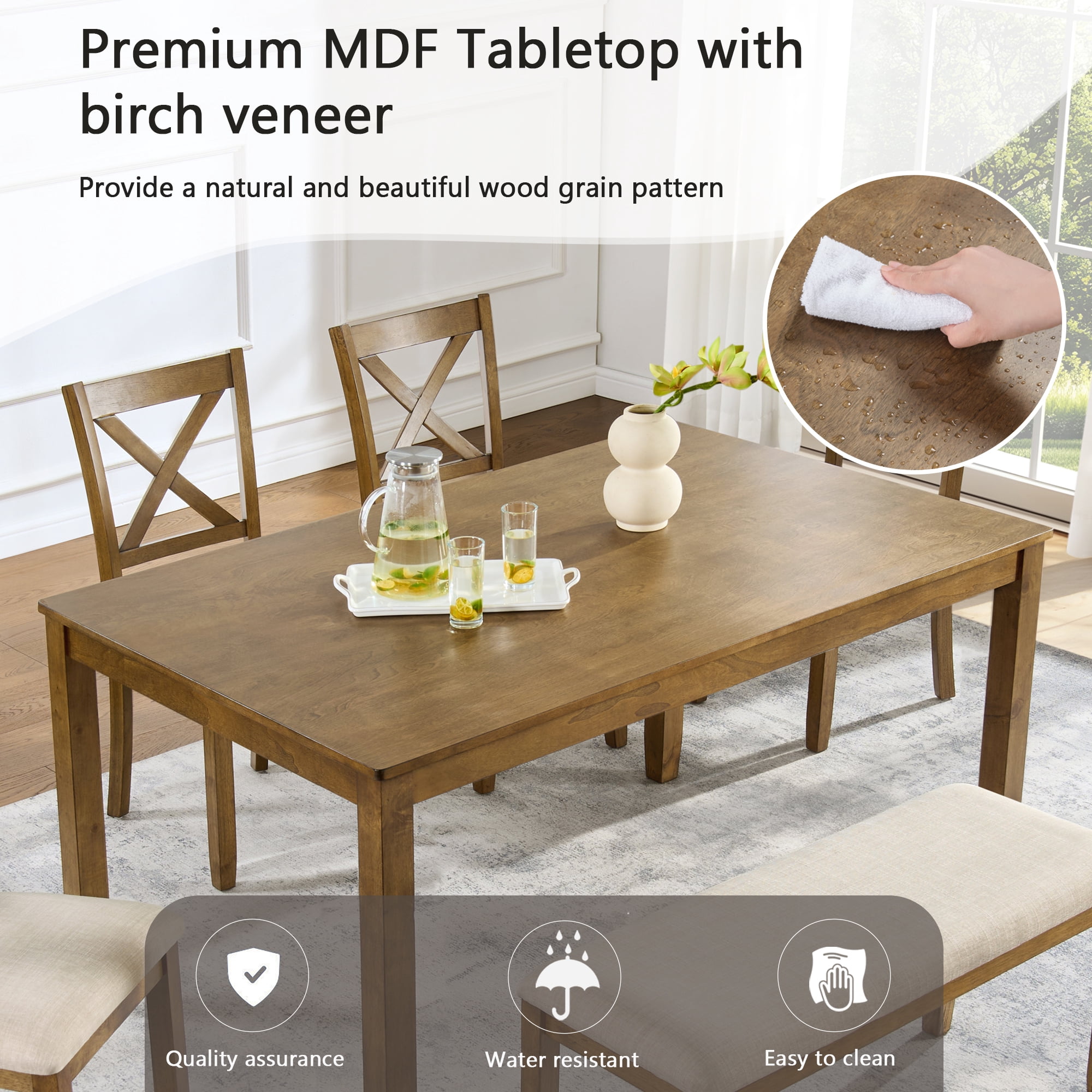 6-Piece Dining Table Set for 6, 58.5" Wood Rectangular Kitchen Table with 4 Chairs & Bench