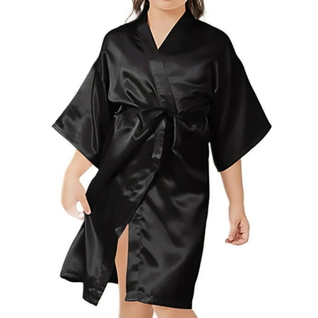 Kids Girl s Silky Satin Kimono Robe for Spa Wedding Birthday Party Solid Color Lingerie Sleepwear Children s Gifts Black 12M-24M