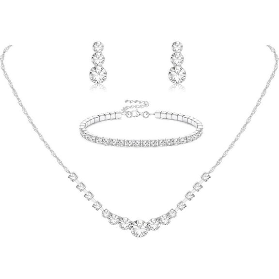 Silver Jewelry Set for Women, Rhinestone Crystal Necklace Drop Earrings Link Bangle Bracelet, Bridal Wedding Jewelry Sets for Brides Bridemaid, Prom Costume Accessories