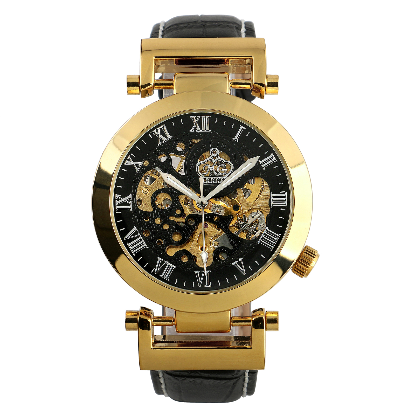 Automatic Mechanical skeleton Wrist Watch Roman Numberals Black Leather