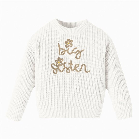 larppty Toddler Infant Baby Girl Knit Sweater Big Sister Little Sister Matching Outfits Long Sleeve Pullover Sweatshirt (White,12-18 Months)