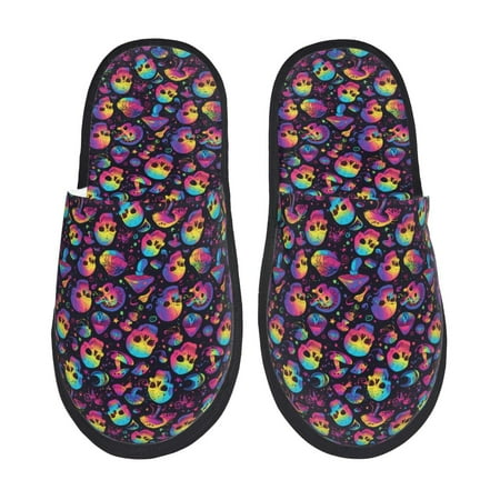Balery Skull mushroom rainbow color Slient Indoor Furry Fleece Comfort House Shoes Soft Non-Slip Home Shoes Cotton slippers House Slippers-- Medium