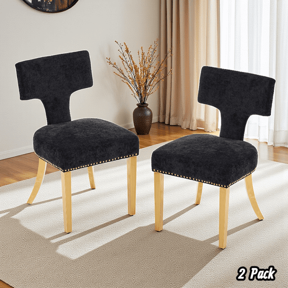 Hassch 2 Pack Chenille Upholstered Kitchen Side Chairs in Black, Modern Dining Chairs with Ergonomic Curved Backrest, Copper Nailhead Trim, Gold Stainless Steel Legs, 300lbs Load Capacity