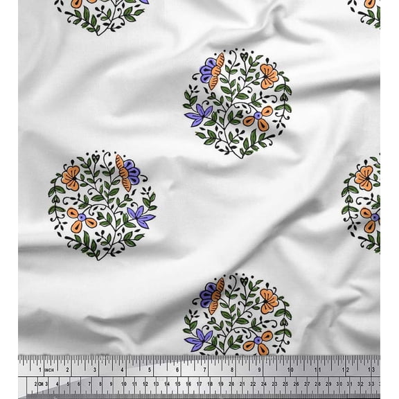 Soimoi Silk Fabric Leaves & Floral Block Decor Fabric Printed Yard 42 Inch Wide