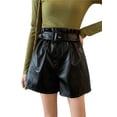 thumbnail image 4 of Franhais Women PU Leather Shorts, Pleated Waist Adjustable Belt Basic Solid Color Loose Hem Pant, 4 of 6