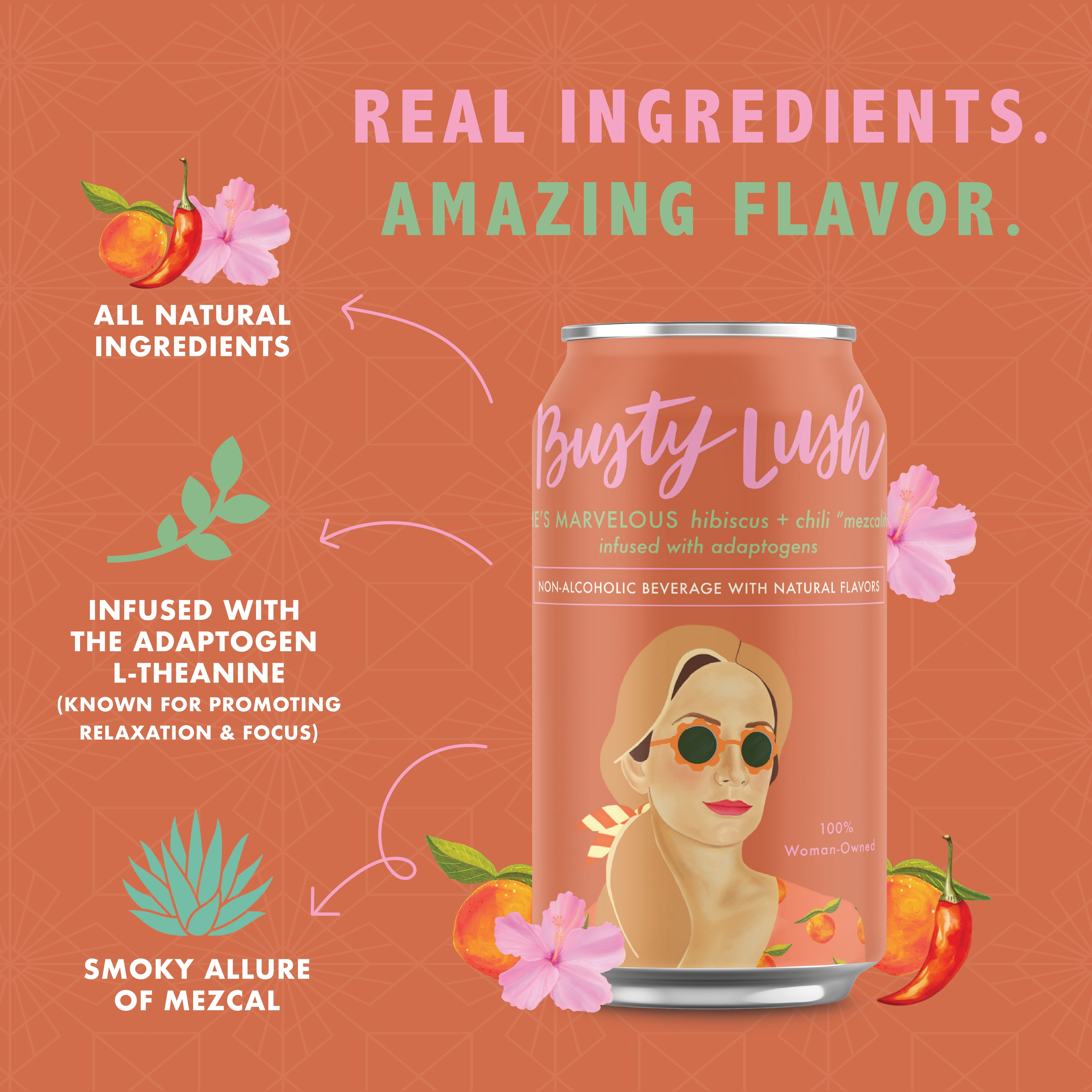 Busty Lush She's Marvelous Non-Alcoholic Mezcalita, Craft Mocktails feat. Alcohol Free Smoky Mezcal, Hibiscus, Fresh Citrus, Spicy Chile and Agave, Infused with L-Theanine, 8 Pack