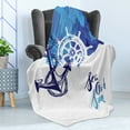 thumbnail image 4 of Nautical Soft Flannel Fleece Throw Blanket, Vivid Ocean Back with Paint Effects with Wind Rose and Rudder Cruise Image, Cozy Plush for Indoor and Outdoor Use, 50" x 60", Blue and White, by Ambesonne, 4 of 5