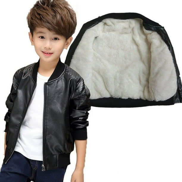 Chaqueta de cuero sintético para niños, chaqueta de cuero engrosada con forro polar para niños medianos y grandes