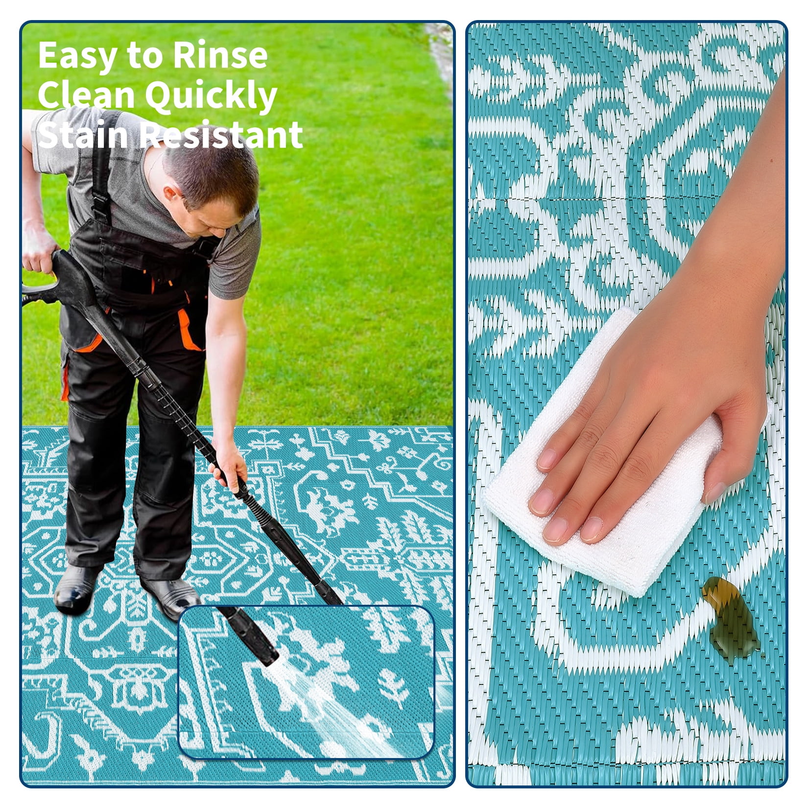 GlowSol 9'x12' Outdoor Rug Reversible Plastic Straw Area Rug Vintage Medallion Waterproof Area Rug for Patio Deck Balcony Backyard Picnic Beach, Light Blue White