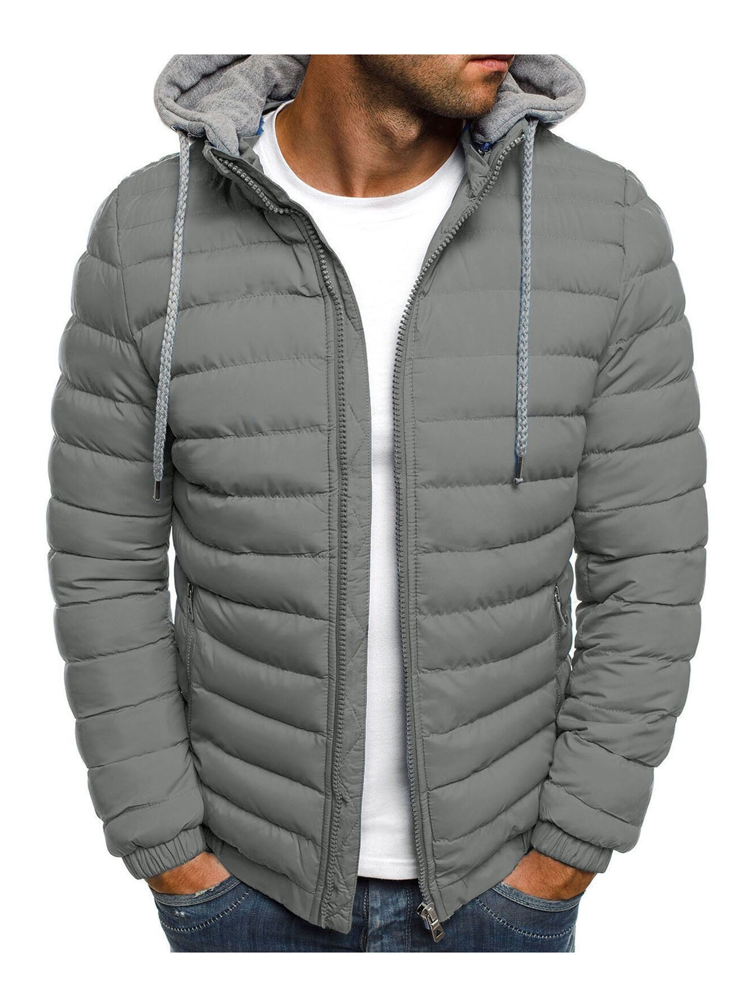 Mens Winter Hooded Cotton Coat Puffer Thick Padded Jacket Zip Windproof Mid Long Warm Outwear Windbreaker with Fur Hood 