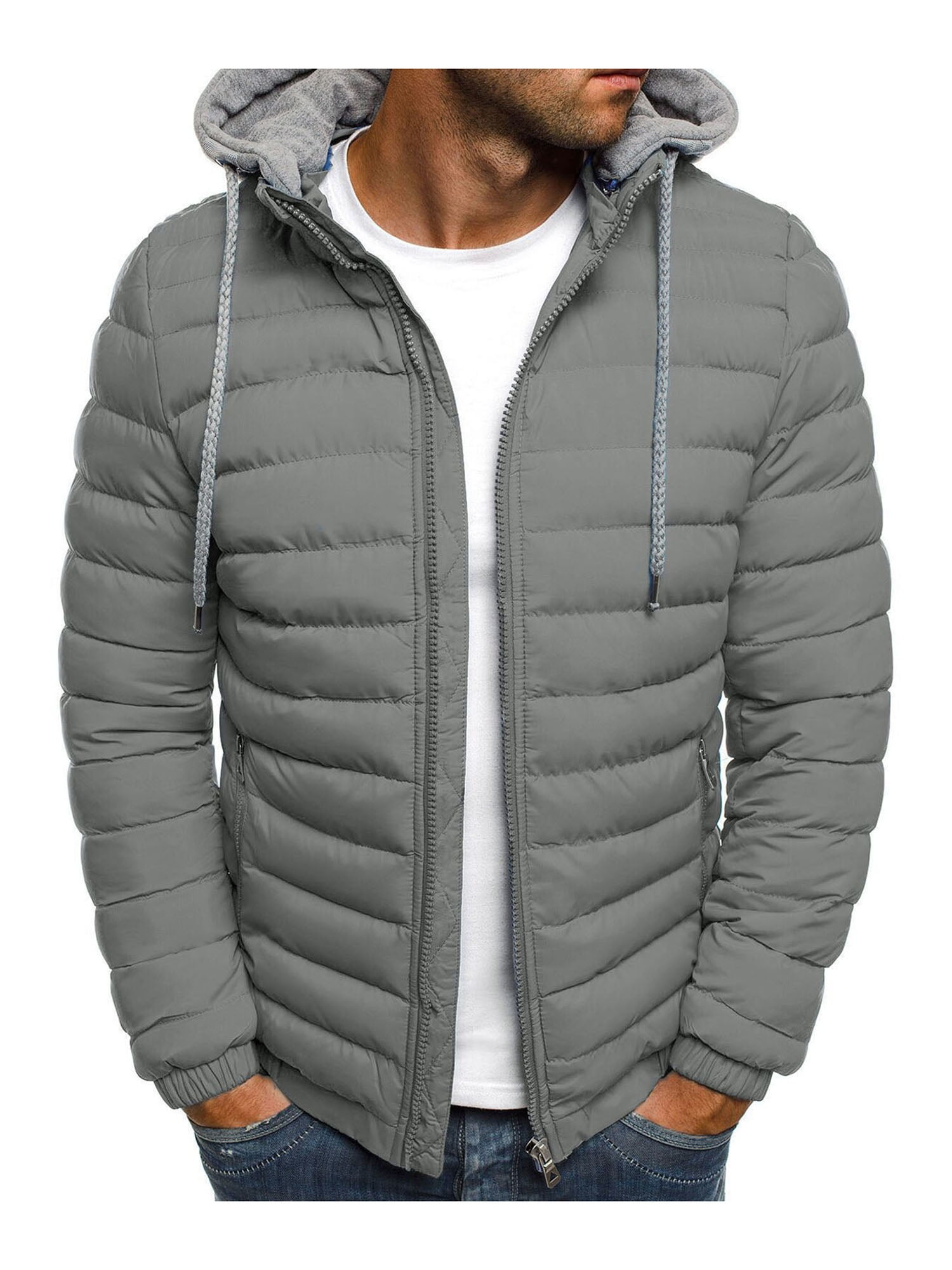 Men Lightweight Down Puffer Jacket, Solid Color Hooded Long Sleeve Zip-Up  Causal Parka Coat with Pockets