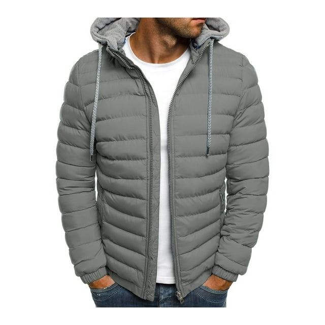 FOCUSNORM Men Winter Down Jacket, Solid Color Hooded Long Sleeve Zip-Up Outer