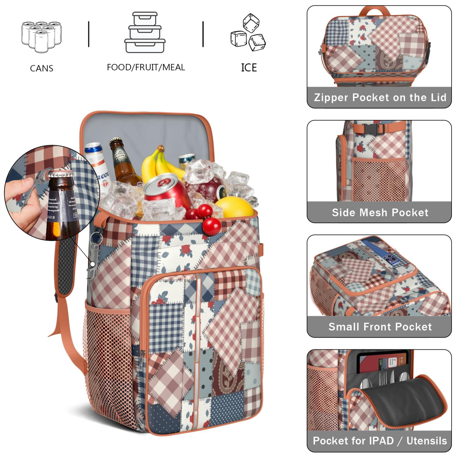 Travel Cooler Bag - Pioneer Flower Floral Print Pattern Camping Beer Cooler Backpack with Bottle Opener- Waterproof Insulated Picnic Backpacks - Cooler Bag for Beach