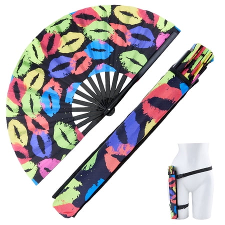 Large Rave Fan UV Folding Glow Adjustable Bamboo Hand Fan with Bags Belt
