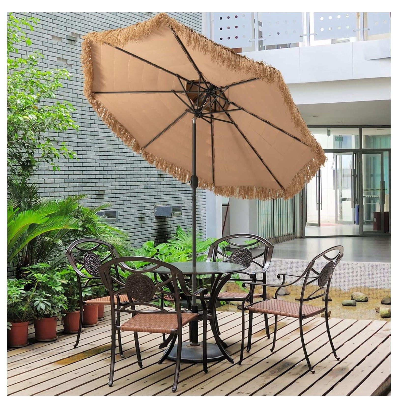9FT Thatched Tiki Patio Umbrella - 2-Tier Hawaiian Hula Style Beach Umbrella w/8 Ribs, Tilt Adjustment & Crank Lift, Straw Grass Pool Umbrellas, Tropical Palapa Tiki Umbrella Outdoor Patio