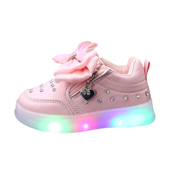 Zanarzt Toddler Tennis Shoes Girls' Light Up Shoes with Lace Up Bows Flat Casual Sneakers Running Shoes Pink,US 11.5
