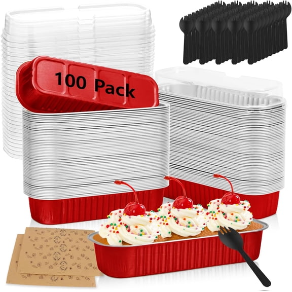 100 Pack Mini Loaf Pans with Lids and Spoons Stickers Disposable Aluminum Tin Foil Pans Rectangle Mini Loaf Cake Pan for Baking,Party,Picnics,Gifts(Red)