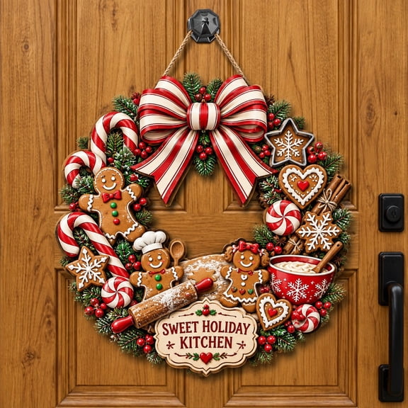 Candy Cane Kitchen Wreath Wooden Door Sign for Christmas Entryway Gift