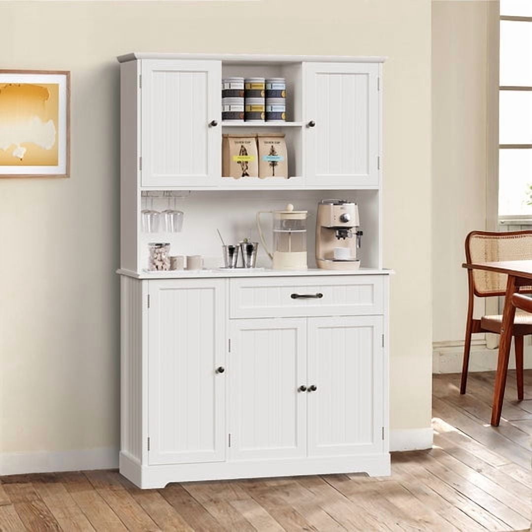 Aiho 67" Farmhouse Kitchen Pantry Storage Cabinet, Modern Coffee Hutch with Doors, Shelves & Microwave Stand, Cupboard for Dining Room - White