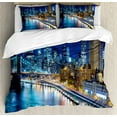 thumbnail image 1 of Landscape Duvet Cover Set Queen Size, View of Famous New York City Manhattan Bay Harbour at Night and Skyscrapers Print, Decorative 3 Piece Bedding Set with 2 Pillow Shams, Multicolor, by Ambesonne, 1 of 3