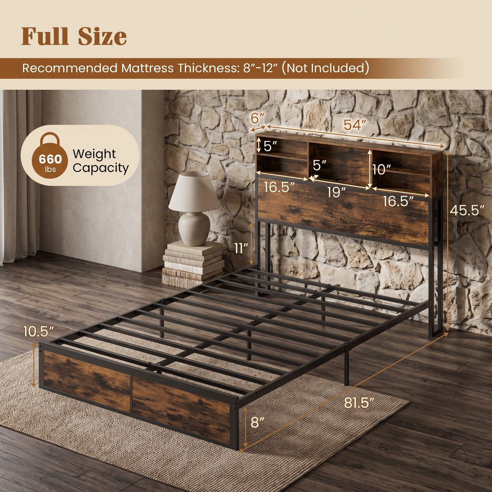 Furnibear Queen Bed Frame Industrial Metal Platform Bed with Storage Headboard and Charging Station and USB Ports, Rustic Brown