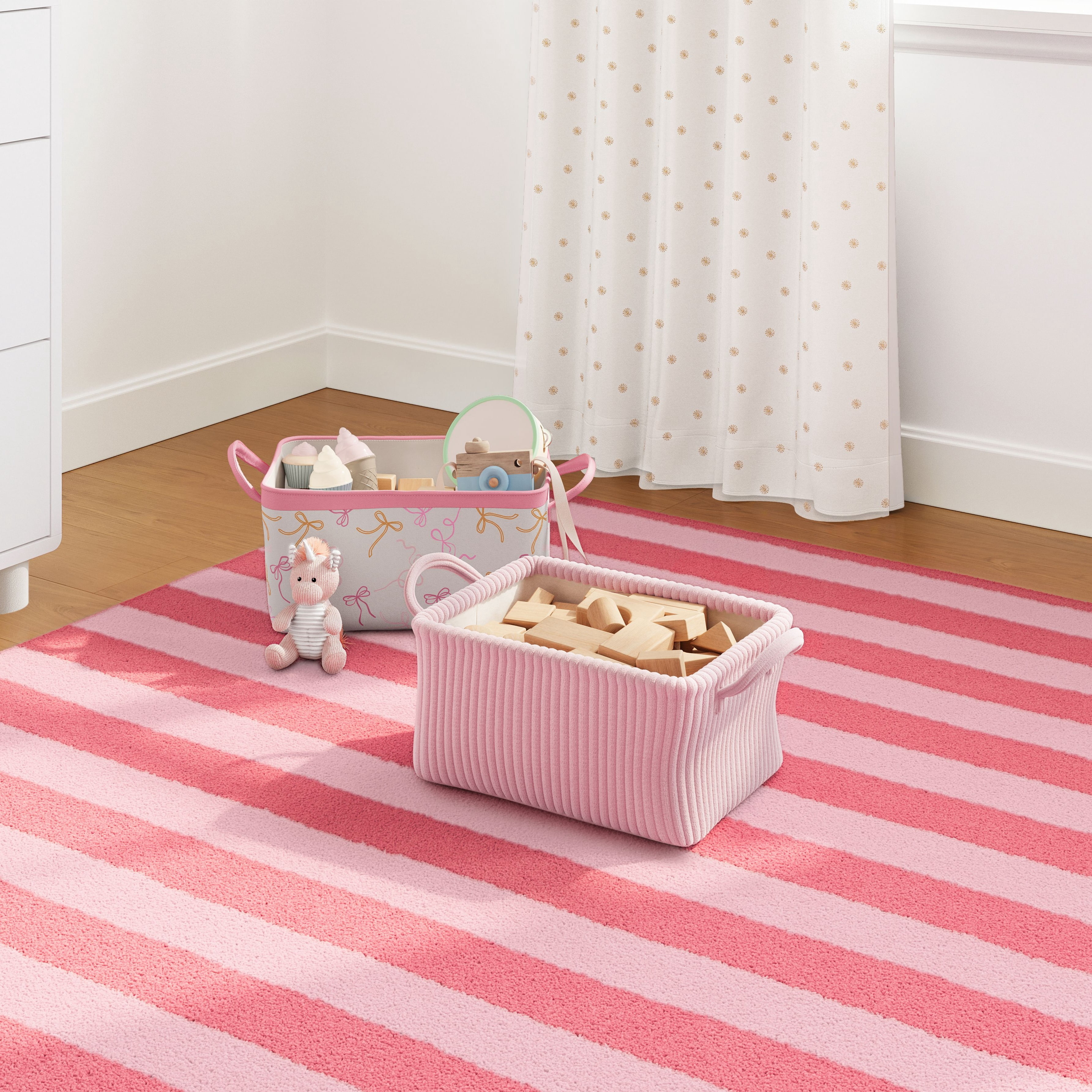 Mainstays Kids Medium Light Pink Ribbed Corduroy Fabric Storage Basket with Handles, 4 Pack
