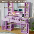 thumbnail image 5 of PUFFCAFE Makeup Vanity Desk with Mirror and Lights,Glass Top Vanity Table with RGB Cabinets,Large Dressing Table for Women Bedroom,Purple Vanity, 5 of 7