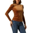 thumbnail image 4 of INSPIRE CHIC Women's Metallic Glitter Velvet Mock Neck Puff Long Sleeve Blouse Top L Brown, 4 of 6