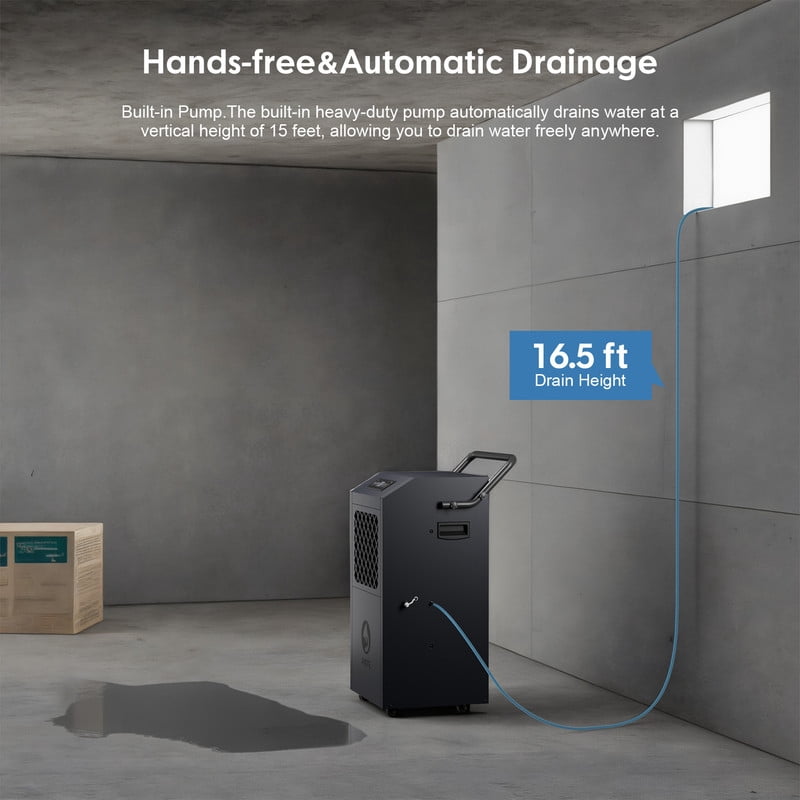190 pt. 6500 sq.ft. Heavy Duty Bucketless Commercial Dehumidifier in Gray, with Pump