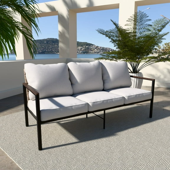 COOS BAY Sand Dune Patio Light Brown Wicker 3-Seat Sofa in Metal Frame with Beige Cushions
