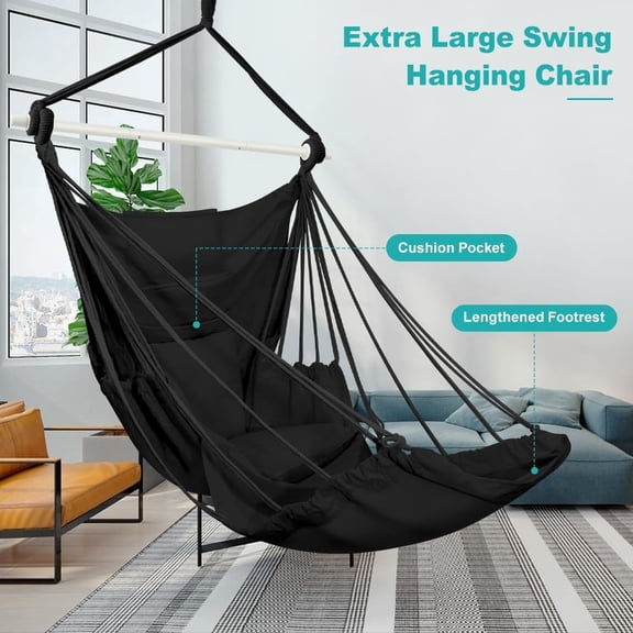 Outerman Hammock Chair, Hanging Chair with 3 Cushions and Foot Rest Support, Durable Metal Spreader Bar Max 500Lbs, Swing Chair for Bedroom, Indoor & Outdoor, Patio, Porch or Tree(Black)