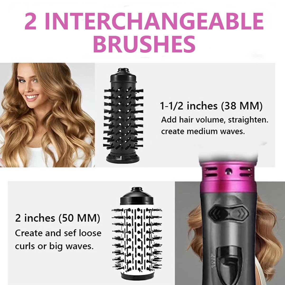 Yiliangx 3-in-1 Hot Air Styler and Rotating Hair Dryer, Hair Dryer and Blow Dryer Brush in One, 2 Interchangeable Brushes for Dry and Wet Hair, Auto-Rotating Curling Hot Hair Brush (Purple)