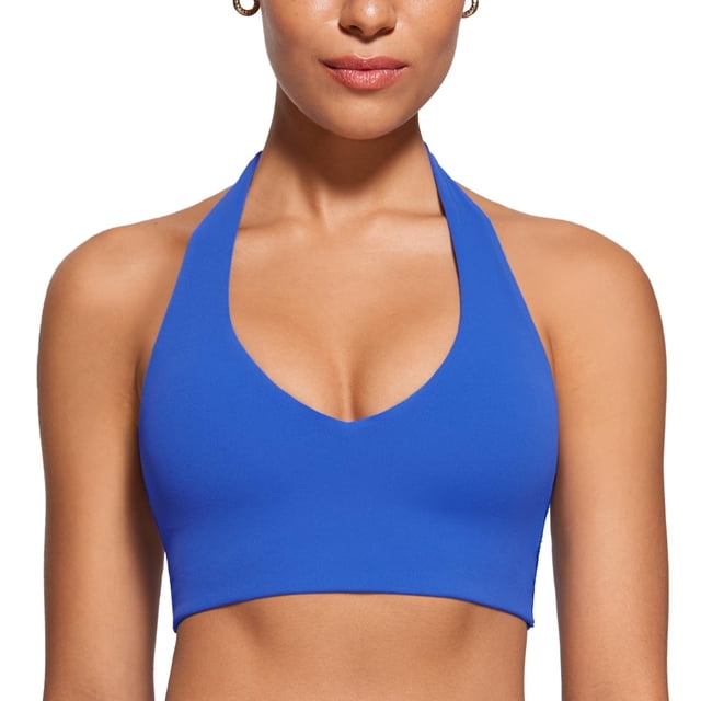 Top deportivo tipo halter INGIA con relleno y espalda baja, color royal, talla M