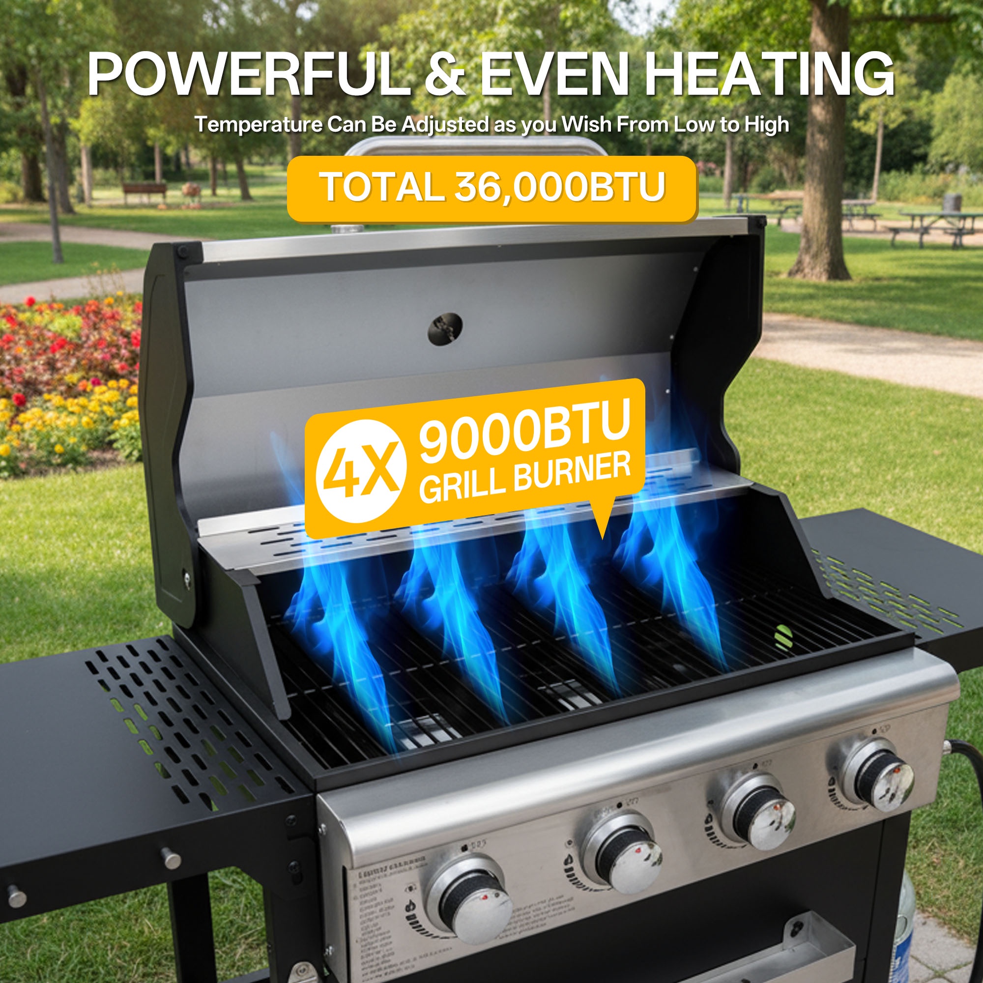 Seizeen 4-Burner Gas Grill, Propane Gas Grill with Stainless Steel Lid, Large Cooking Area, Side Shelves & Storage Cabinet, Portable Outdoor BBQ Grill