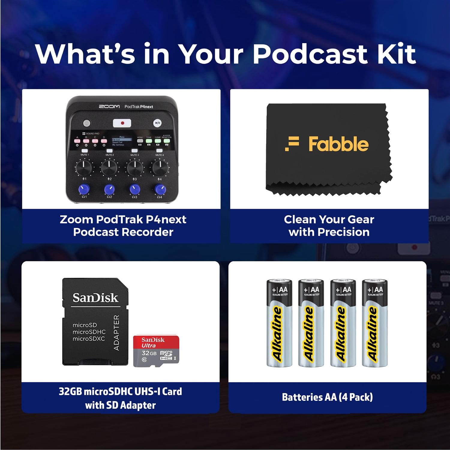 Zoom PodTrak P4next Portable Multitrack Podcast Recorder Bundle includes a 32 GB microSDHC memory card with adapter and 4 AA batteries, perfect for recording podcasts anywhere with ease.