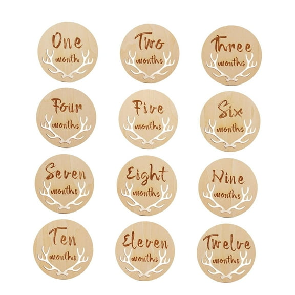 Kokiya 12 Pieces Baby Milestone Cards Wooden Monthly Cards Newborn Photo Props Engraved StyleA